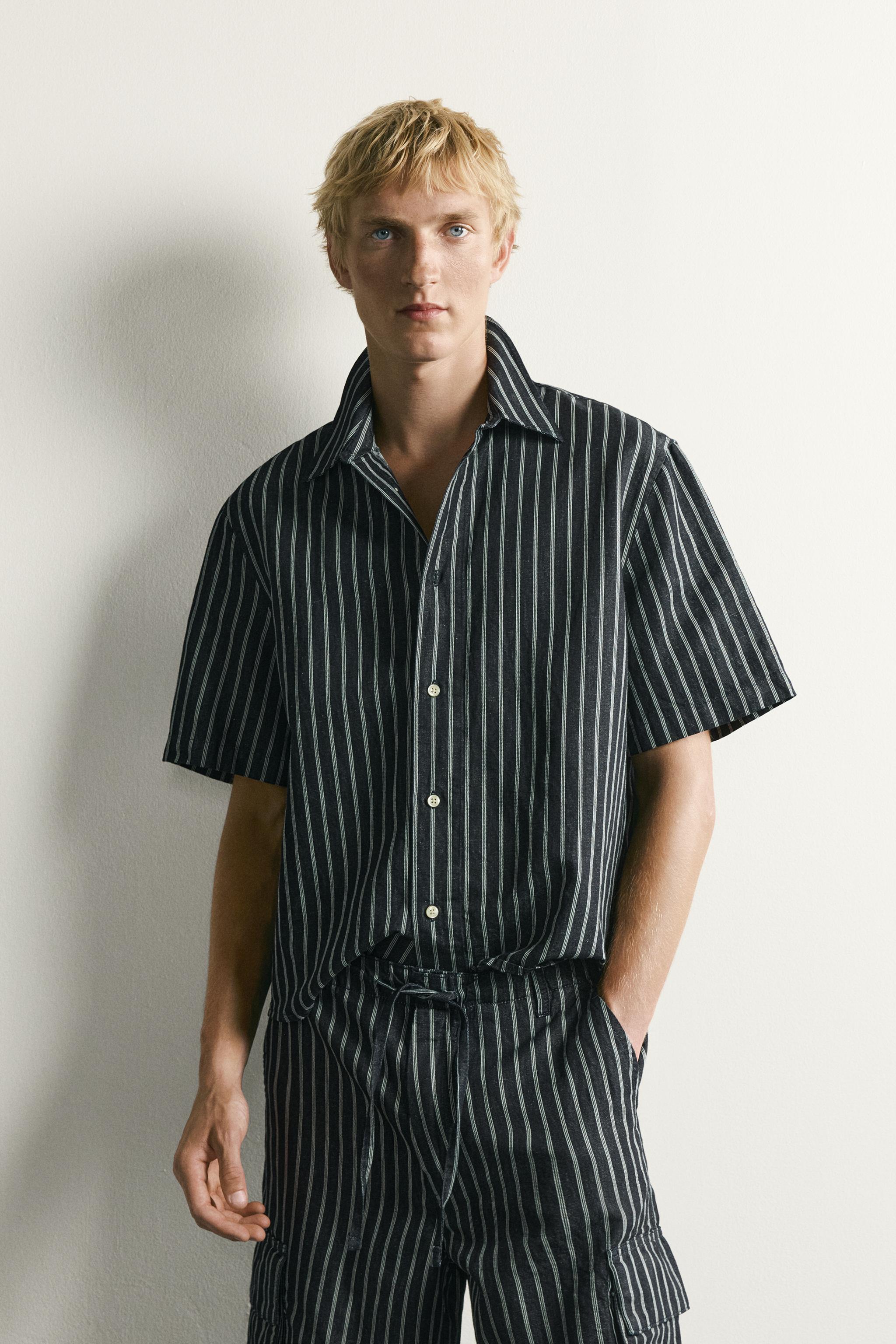 STRIPED COTTON-LINEN DENIM SHIRT